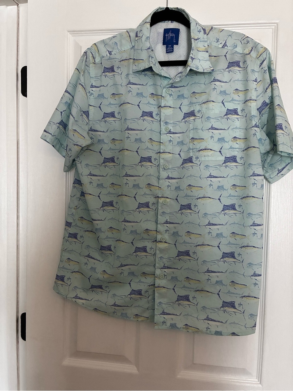 Guy Harvey Light Mint Blue Short-Sleeve Fish Print Button-Down